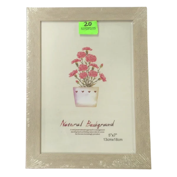 Picture depicting a beige wooden Photo Frame for a 5 inches by 7 inches or 13 centimeters by 18 centimeters picture costing $20
