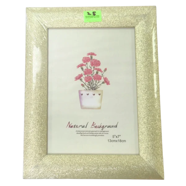 Picture depicting a gold glitter Photo Frame for a 5 inches by 7 inches or 13 centimeters by 18 centimeters picture costing $25