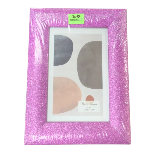 Picture depicting a pink glitter Photo Frame for a 4 inches by 6 inches or 10 centimeters by 15 centimeters picture costing $20