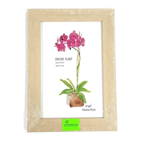 Picture depicting a beige wooden Photo Frame for a 4 inches by 6 inches or 10 centimeters by 15 centimeters picture costing $15