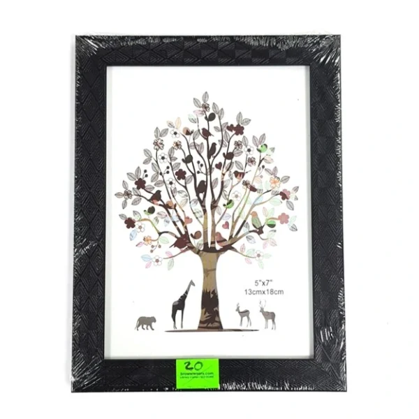 Picture depicting a black wooden Photo Frame for a 5 inches by 7 inches or 13 centimeters by 18 centimeters picture costing $20