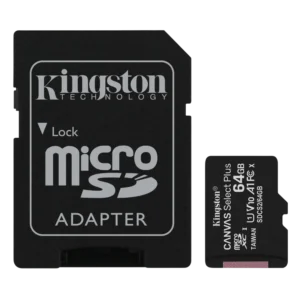 Picture depicting a Kingston 64GB SD Card and its adapter